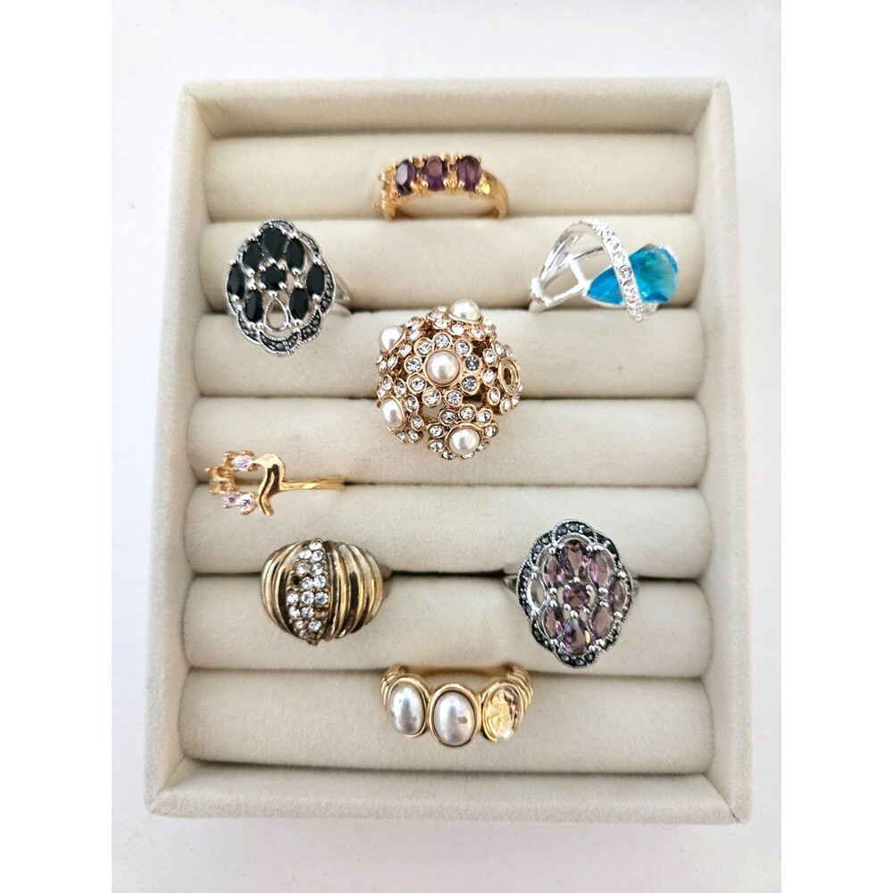 Vintage Costume Statement Ring Lot of 8 Rhinestone, Faux Pearls - Missing Stones
